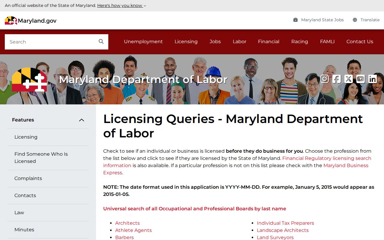 Elkridge people search through Maryland professional license records
