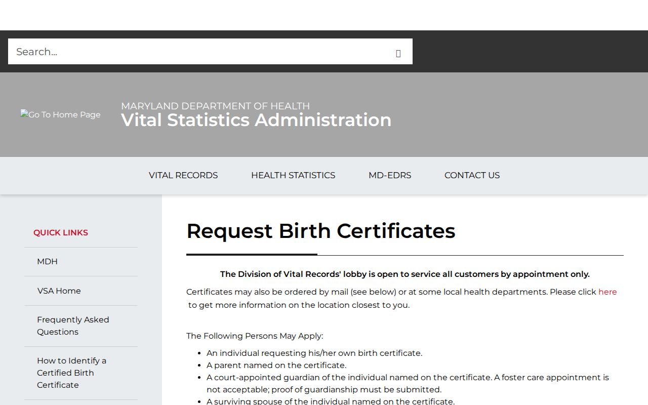 Elkridge public records Maryland birth certificate application
