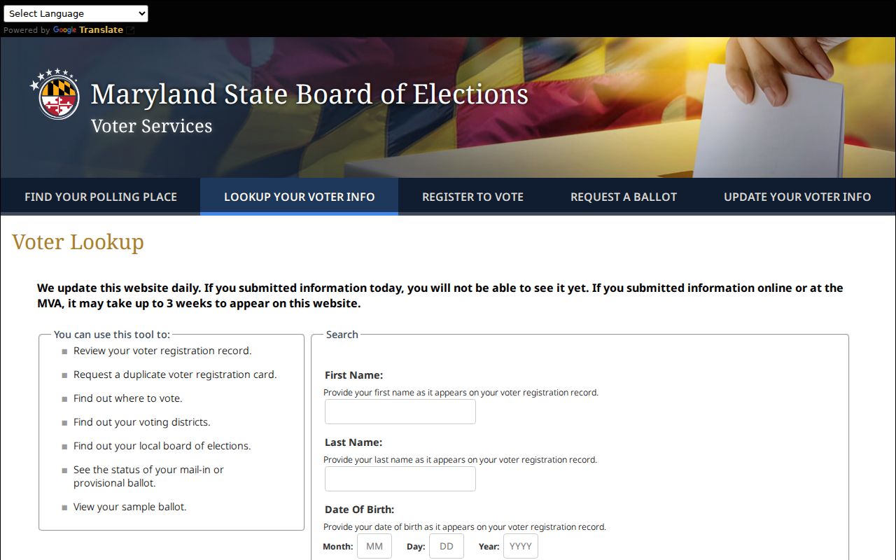 Elkridge voter records lookup fields on Maryland Voter Search