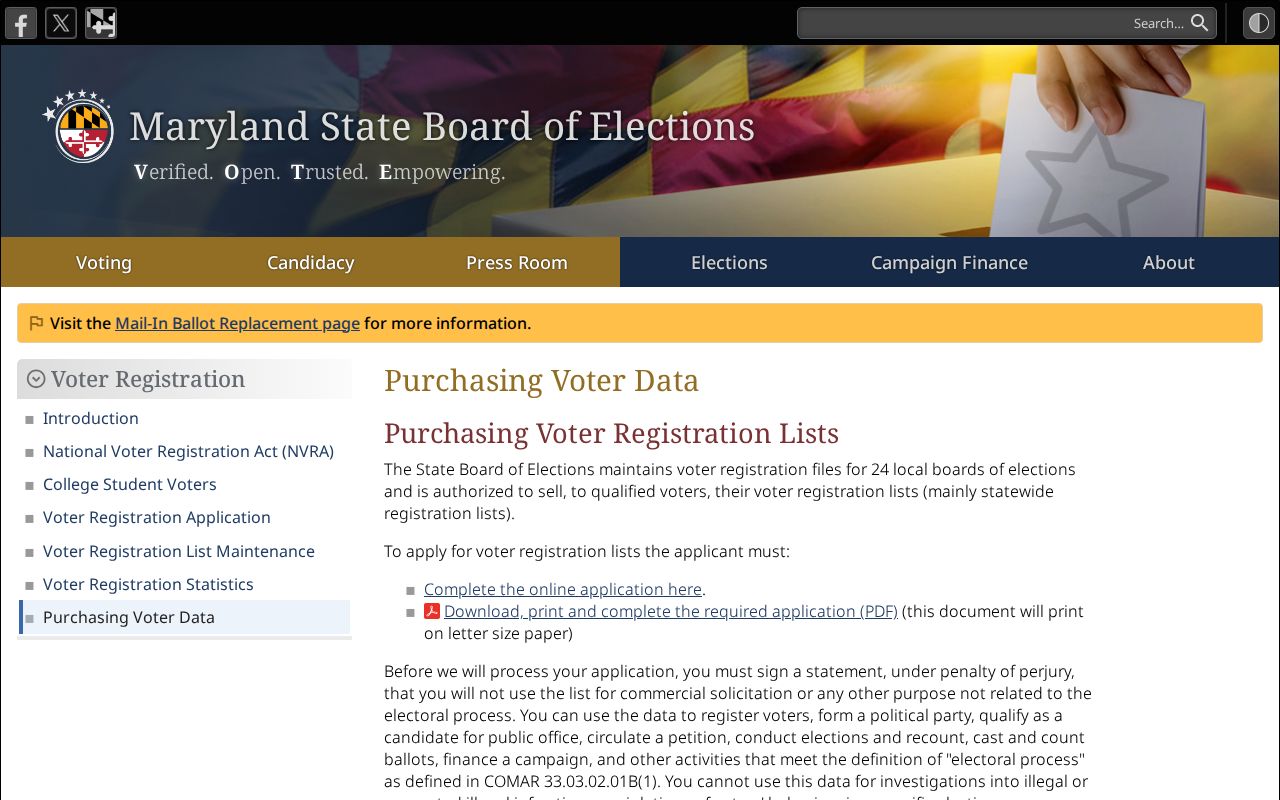 Elkridge voter registration records data request rules from Maryland elections